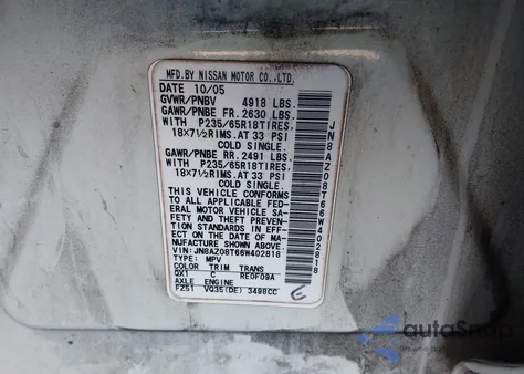 2006 Nissan Murano Sl from USA, damaged, VIN JN8AZ08T66W402818